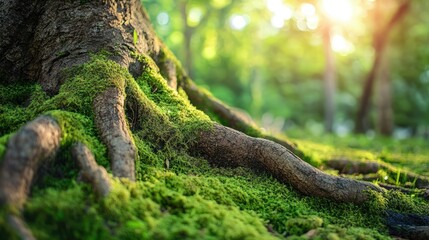 Aufkleber - Moss covered tree roots illuminated by sunlight in a lush tropical forest setting