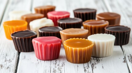 Poster - Multicolored caramel candy cups arranged on a rustic white wooden surface for a delightful close-up treat presentation
