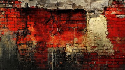 Poster - Weathered red brick wall with peeling paint and textured surface for urban design and artistic backgrounds.