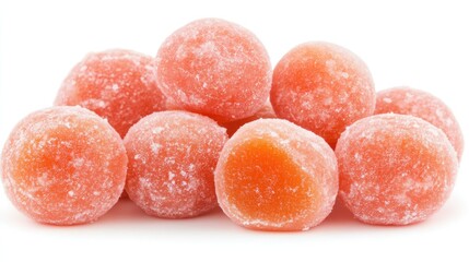 Poster - Peach flavored bonbons stacked on a bright white background highlighting their sugary coating and vibrant color