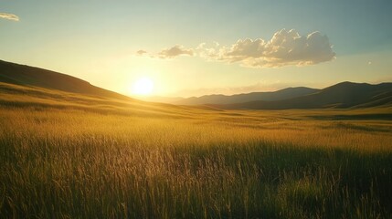 Poster - Golden hour over grassy Yellowstone field with rolling hills and soft clouds illuminating the landscape in warm hues.