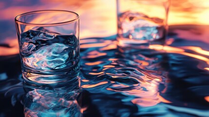 Poster - Refreshing glass of water reflecting colorful sunset on tranquil surface with gentle ripples creating a serene and calming atmosphere