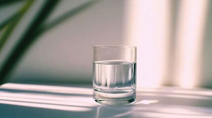Poster - Clear glass of ice water on a white surface with soft light and shadows creating a tranquil and refreshing atmosphere