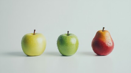 Aufkleber - Fresh green and red apples alongside a ripe pear showcasing vibrant colors and textures on a clean white background