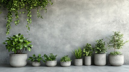 Aufkleber - Modern minimalistic interior with green plants in concrete pots against textured concrete wall showcasing nature and design harmony.