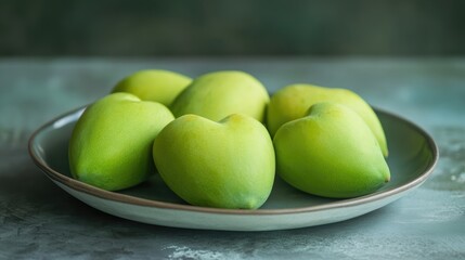 Aufkleber - Organic green raw mangoes on a plate showcasing their vibrant color and rich vitamin C content ideal for health and culinary themes