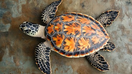 Poster - Hawksbill turtle resting on a textured surface showcasing its vibrant shell and detailed patterns in a serene underwater setting.