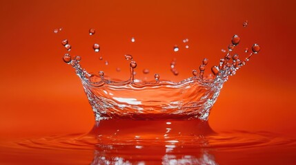 Aufkleber - Vibrant water splash with droplets captured against an orange background showcasing motion and freshness in high resolution.