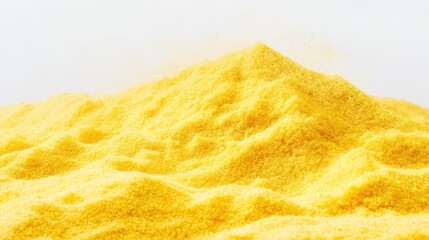 Aufkleber - Heap of vibrant yellow manioc flour displayed on a clean white background showcasing its fine texture and natural color.