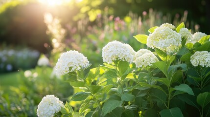 Aufkleber - Morning sun illuminating green shrubs adorned with white flowers in a beautiful garden setting, creating a serene and peaceful atmosphere.