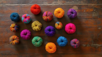 Aufkleber - Colorful cotton yarn balls arranged on textured wooden surface creating a vibrant and artistic display for creative projects and crafts.