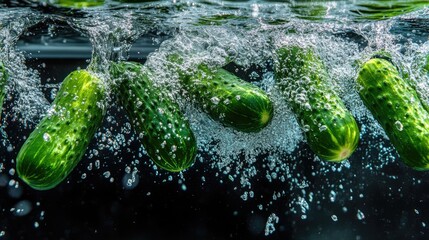 Aufkleber - Fresh cucumbers splash into water creating dynamic sprays and bubbles capturing the essence of nature's freshness and vitality.