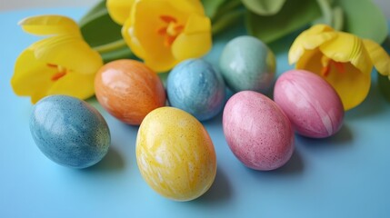 Aufkleber - Easter egg composition with vibrant natural colors and yellow tulips on a blue table offering a cheerful holiday atmosphere and bright visuals