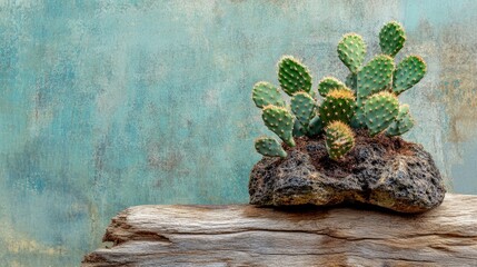 Aufkleber - Vibrant succulent cactus arrangement on rustic wooden table with textured background ideal for home decor or gardening themes