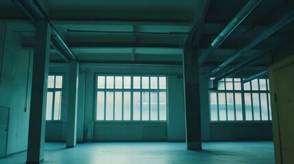 Poster - spacious and minimalist interior of an unfinished warehouse with large windows and concrete floor