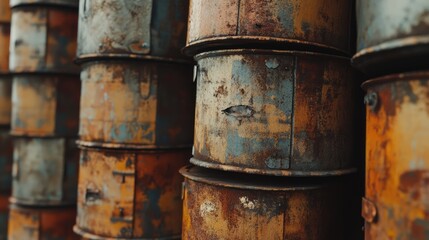 Poster - Rusted oil drums stacked in a weathered industrial setting showcasing texture and decay