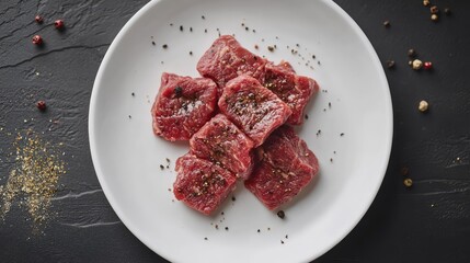Poster - Raw beef pieces seasoned with spices arranged on a white plate ready for grilling against a dark surface background.