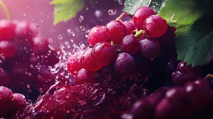 Aufkleber - Freshly harvested red grapes splashing in water with green leaves, showcasing their vibrant color and juicy texture. Perfect for food and beverage themes.