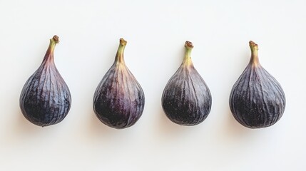 Aufkleber - Fresh purple figs arranged in a row on a clean white surface showcasing their unique shape and color against a minimalist backdrop.