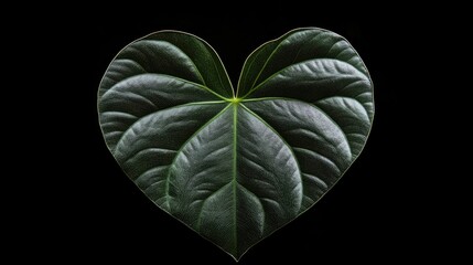 Poster - Heart-shaped dark green leaf of tropical houseplant isolated on black background highlighting unique texture and natural beauty.