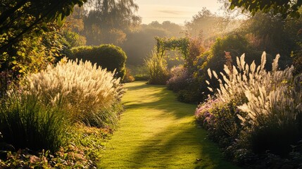 Poster - Golden Hour Light Illuminates Pampas Grass in Serene Autumn Garden Landscape