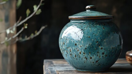 Poster - Vintage ceramic pot with lid showcasing vibrant teal glaze and detailed texture placed on rustic wooden surface alongside natural elements.