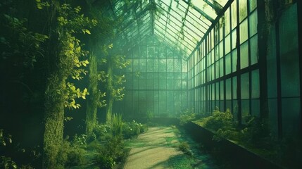 Poster - Greenhouse Interior with Lush Vegetation and Natural Light Creating an Abstract Environmental Background in a Serene Setting