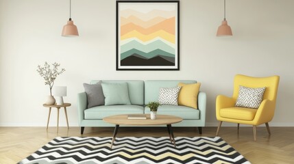 Aufkleber - Cozy living room with geometric carpet pastel lamps wooden table and stylish chairs against wall featuring modern art decor
