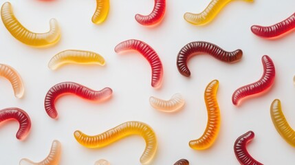 Poster - Colorful gummy worms scattered on a clean white surface creating a playful and vibrant candy background