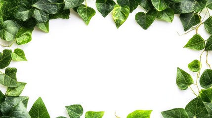 Poster - Lush green leaf border creating a natural frame on a clean white background for botanical or organic themed designs.