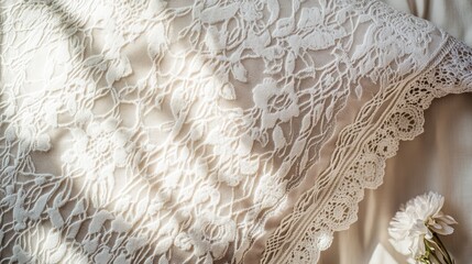 Poster - Lace wood texture elegantly displayed on a soft pillow background with subtle light and floral accents