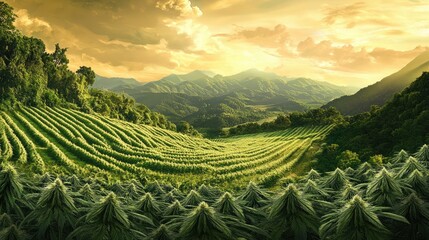 Poster - Vast organic hemp plantation in scenic landscape under golden sunlight showcasing agricultural growth and natural beauty