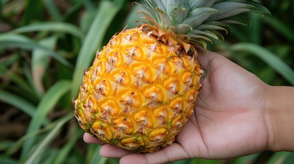Poster - Hand holding fresh ripe pineapple surrounded by green foliage showcasing a vibrant flat lay food concept for culinary imagery