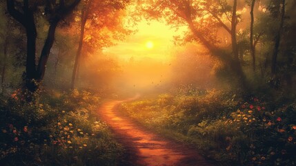 Aufkleber - Serene Pathway Through a Vibrant Forest at Golden Sunset