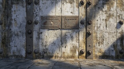 Poster - Half finished concrete wall with rusty armor elements and weathered textures creating an industrial and gritty atmosphere for architectural design.