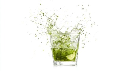 Poster - Green cocktail splash in a glass creating dynamic droplets against a clean white background showcasing vibrant beverage action
