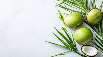 Poster - Fresh green coconuts with palm leaves on white background showcasing organic healthy food concept and tropical lifestyle.