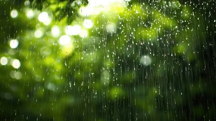 Aufkleber - Bokeh Effect with Blurred Raindrops on a Lush Green Background for Nature and Weather Themes