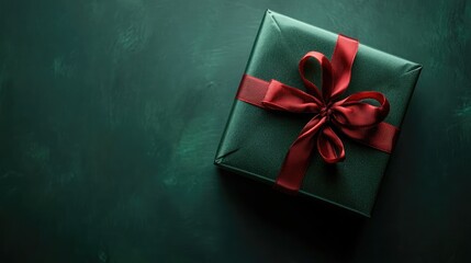 Poster - Green gift box with a red ribbon and bow on a dark background ideal for holiday or celebration themes in promotional materials