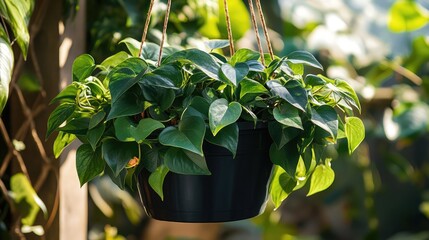 Poster - Hanging potted plant with lush green leaves in a sunlit outdoor garden enhancing the natural beauty of the surroundings.