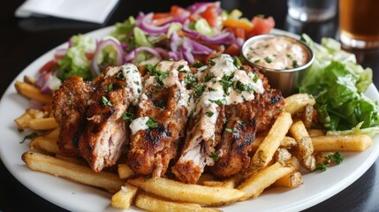 Poster - Greek gyros served with golden fries fresh salad and tangy sauce in a vibrant restaurant setting