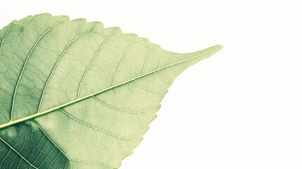 Poster - Fresh green leaf on a simple white background showcasing natural texture and vibrant colors ideal for design and eco-friendly themes.