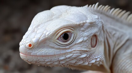 Poster - Close-up portrait of an albino green iguana showcasing unique features and textures in a pet farm environment.