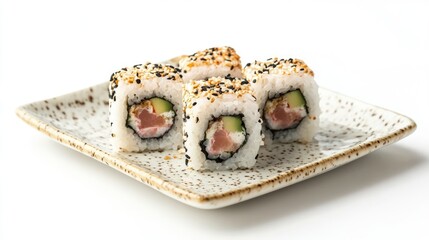 Poster - Hamachi sushi rolls on a decorative plate showcasing fresh ingredients and elegant presentation against a clean white backdrop