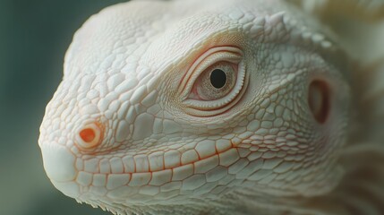 Poster - Close-up portrait of an albino Green Iguana showcasing its unique features and textures against a soft background on a pet farm.