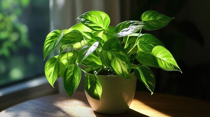 Aufkleber - Sunlight illuminating lush green indoor plant leaves in a cozy home setting creating a warm and inviting atmosphere