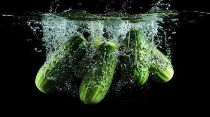 Aufkleber - Fresh cucumbers submerged in water creating dynamic splashes and droplets against a black background for a vibrant culinary theme.