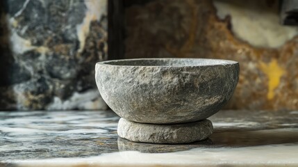 Poster - Grey stone mortar displayed on a textured surface highlighting its rustic elegance and traditional craftsmanship in kitchen decor.