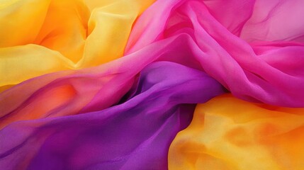 Poster - Colorful textured fabric background in yellow, purple, and rose shades featuring layered translucent synthetic materials.