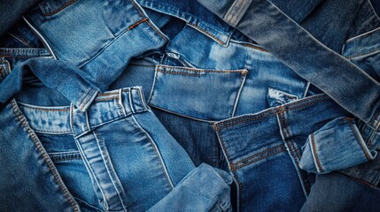 Poster - Denim fabric background showcasing various textures and shades of blue jeans stacked together for fashion and textile design concepts
